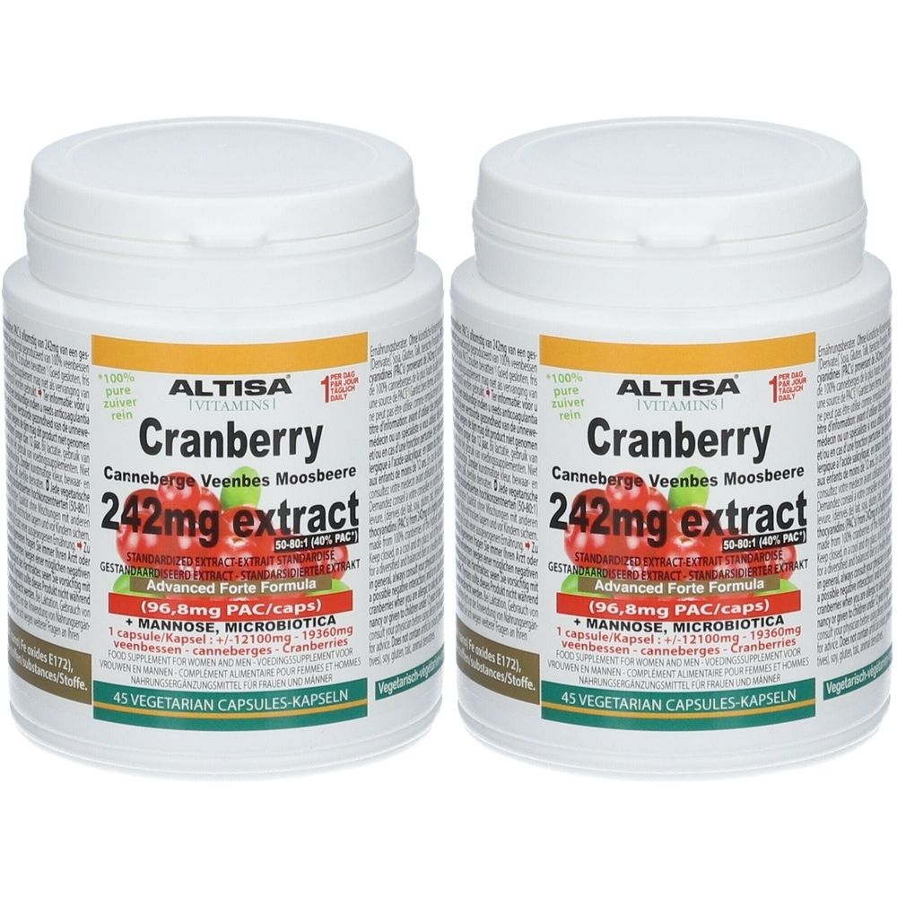 Twee witte flessen met etiket "ALTISA Cranberry 242mg extract". Opschrift: "Advanced Forte Formula". 45 vegetarische capsules.