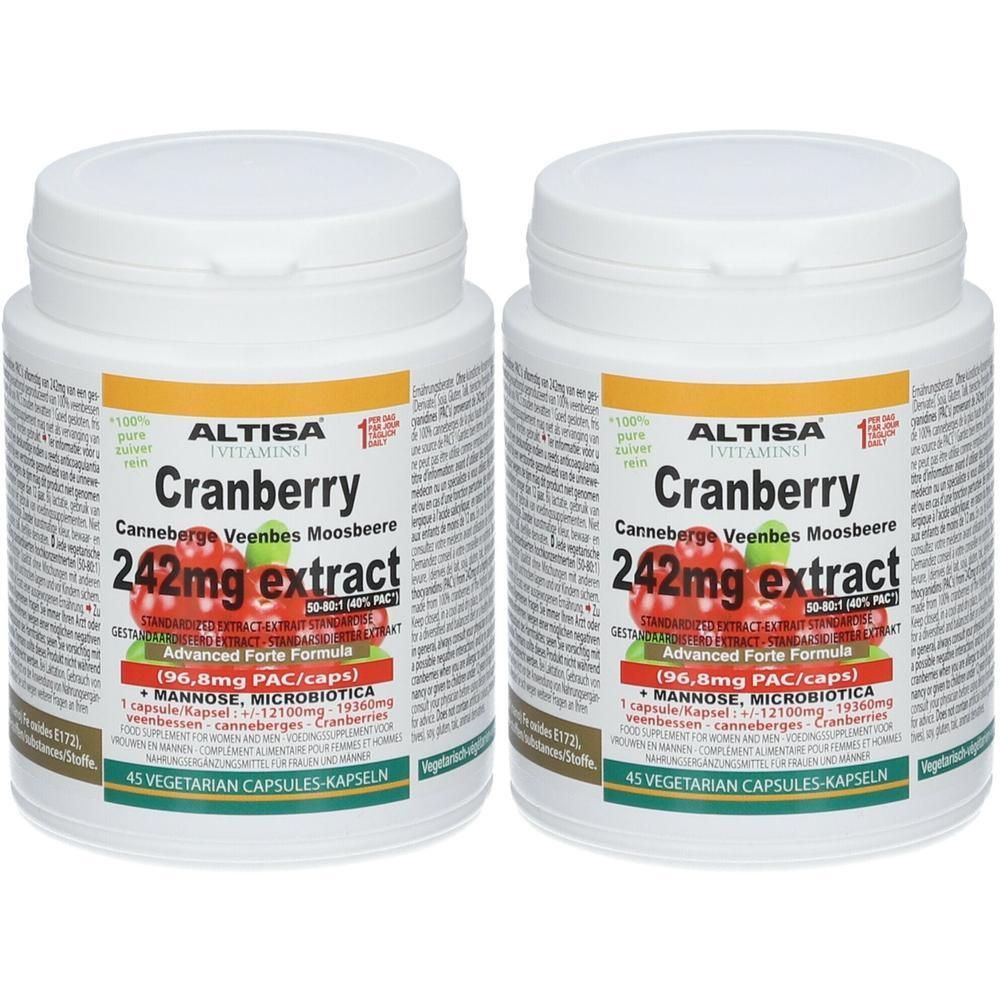 Twee witte flessen ALTISA Cranberry 242mg extract. Opschrift Cranberry, 45 capsules. Vegetarische capsules.