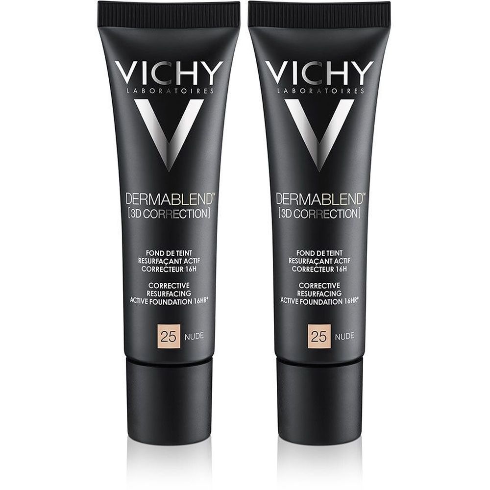 Deux tubes de Vichy Dermablend 3D Correction, teinte 25 Nude. Tubes noirs avec texte et logo blancs. Nom du produit et caractéristiques.