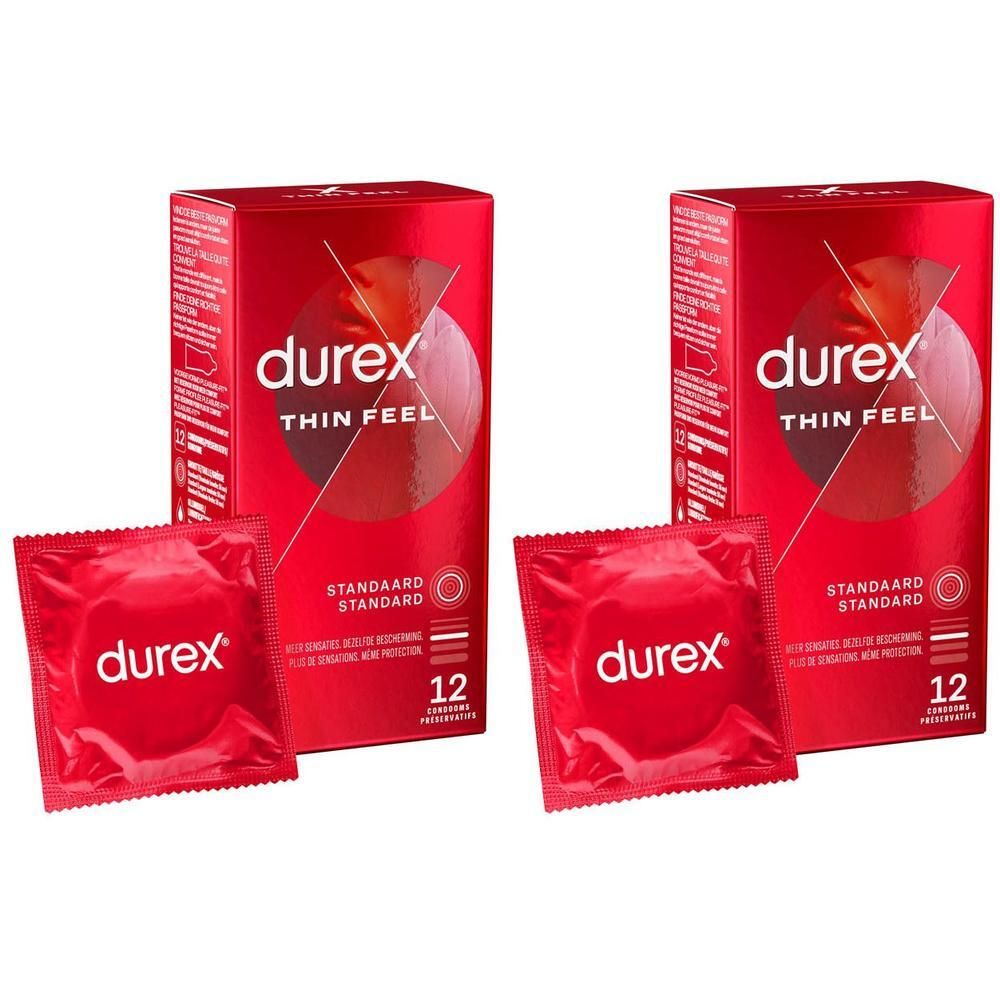 Twee dozen Durex Thin Feel condooms en twee individuele verpakkingen. Rode verpakking met wit logo en productnaam.