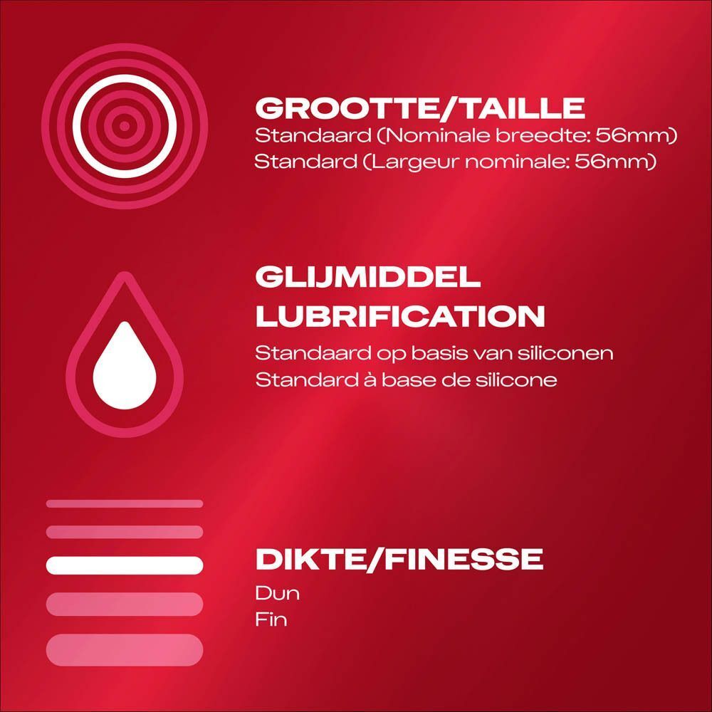 Infographic met informatie over condoommaten, glijmiddel en dikte. Tekst in het Nederlands en Frans.