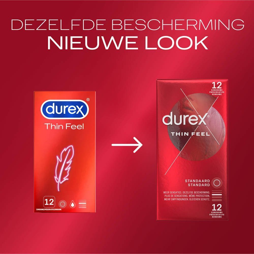 Vergelijking van twee Durex Thin Feel condoomverpakkingen. Links: oude verpakking. Rechts: nieuwe verpakking. Tekst: Dezelfde bescherming, nieuwe look.