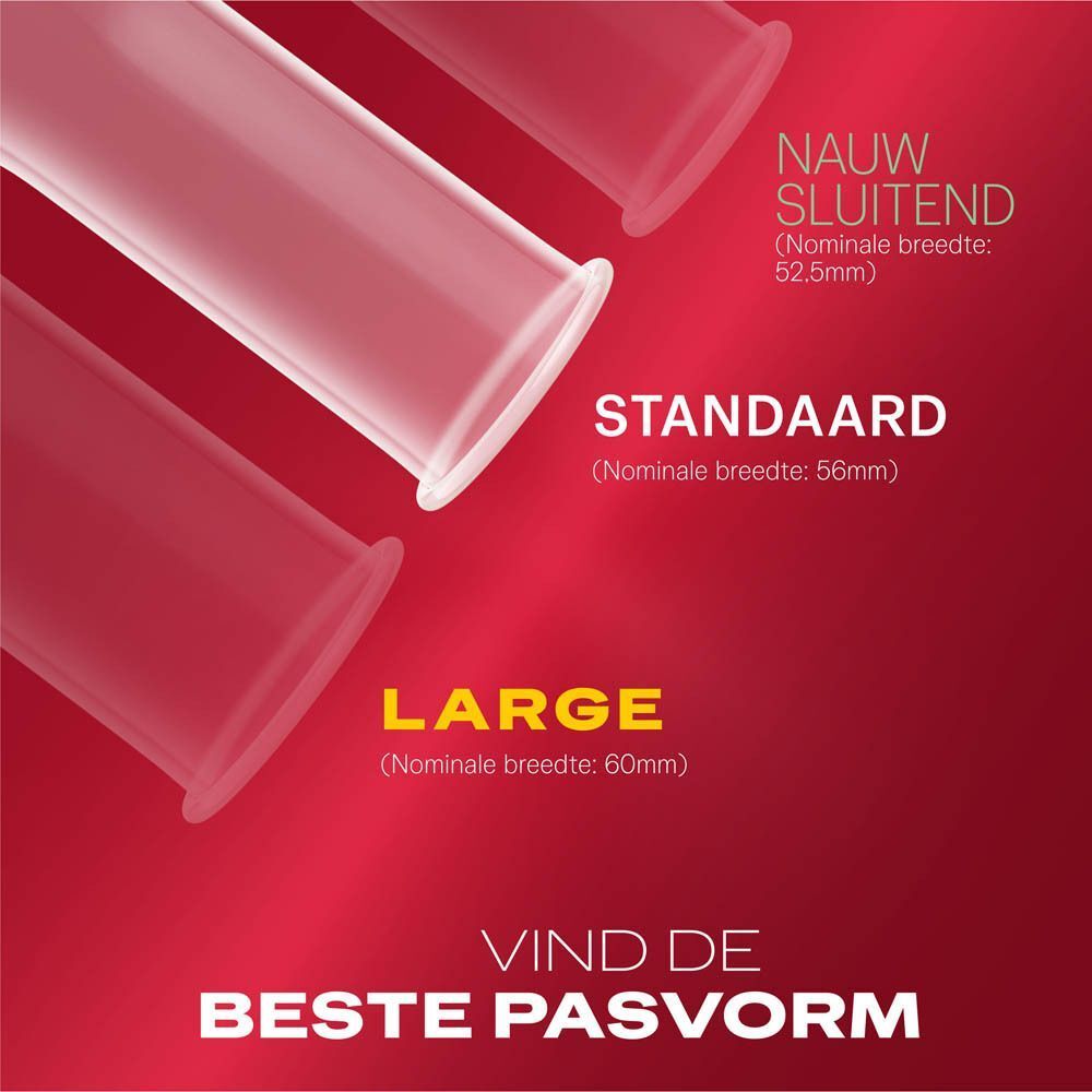 Drie condooms naast elkaar. Maten: Standaard (56mm), Large (60mm) en een andere maat. Tekst: Vind de beste pasvorm.