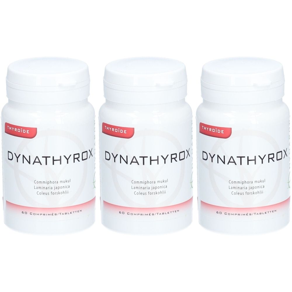 Drie witte pillenpotjes met opschrift DYNATHYROX. Op elk potje staat "THYROIDE" en ingrediënten. 60 tabletten.