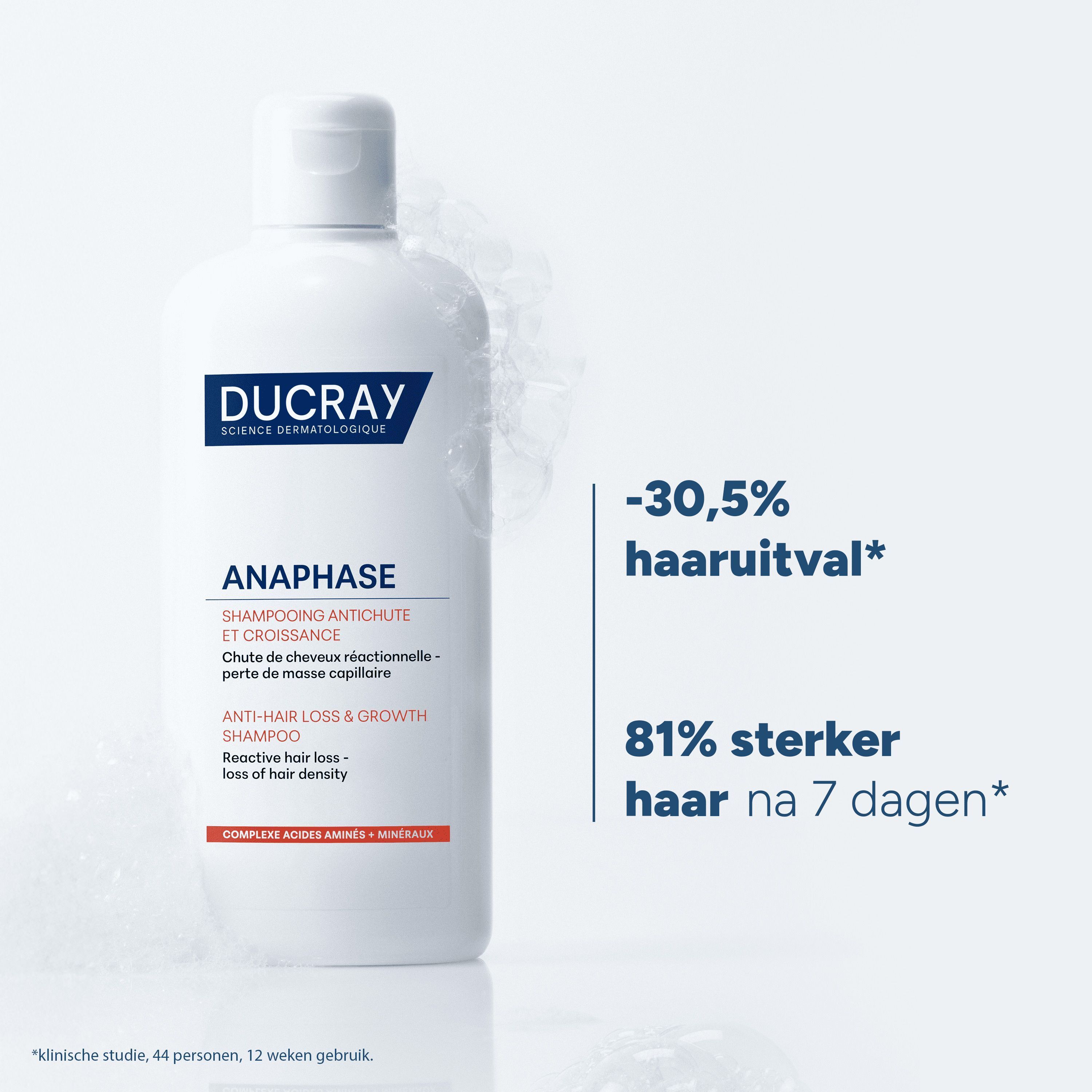 Een fles Ducray Anaphase shampoo met klinische resultaten: -30,5% haaruitval, 81% sterker haar.
