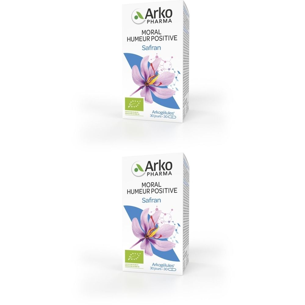 Boîte Arkocaps Safran. Inscription: Moral Humeur Positive Safran. Label bio. Contient 30 gélules.