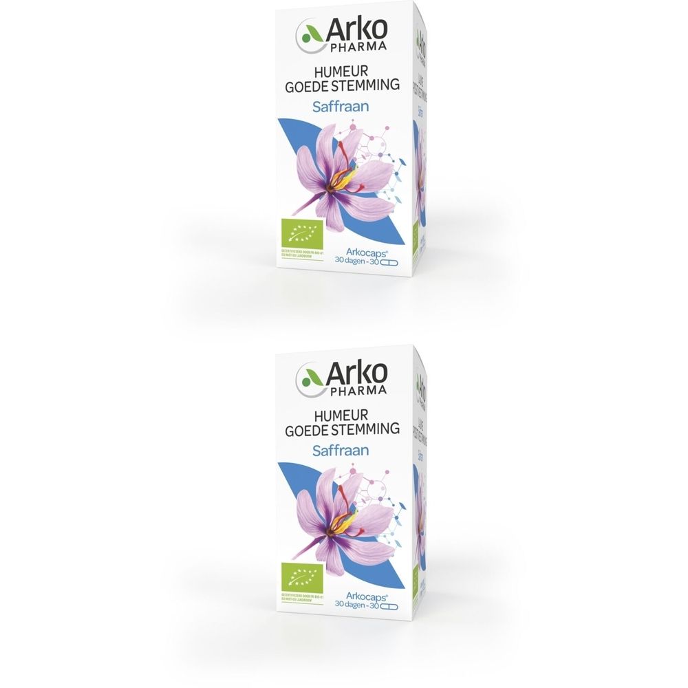 Doosje Arkocaps Safran. Opschrift: Humeur Goede Stemming Saffraan. Bio-label. 30 capsules.