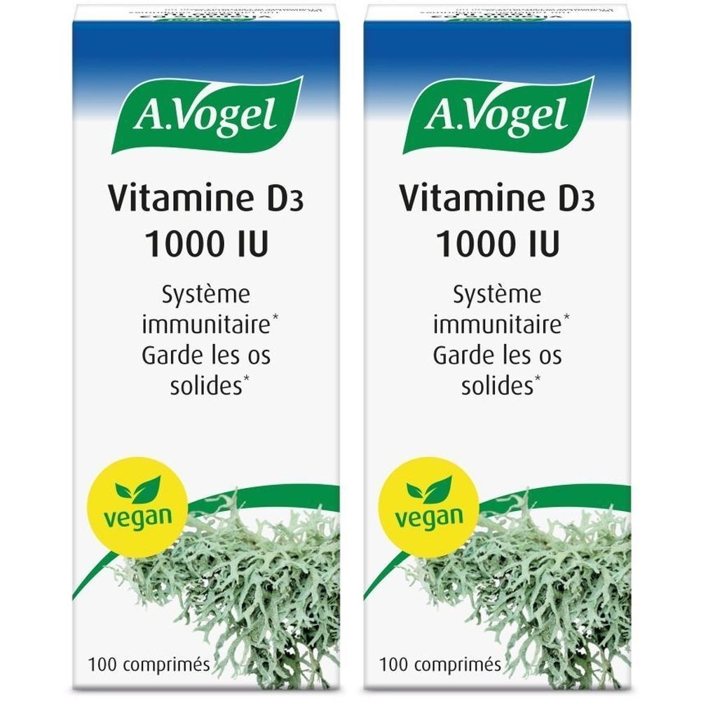 Deux boîtes de Vitamine D3 A.Vogel. Boîtes blanches avec éléments verts et bleus. Inscription : Vitamine D3, 1000 UI, vegan, 100 comprimés.