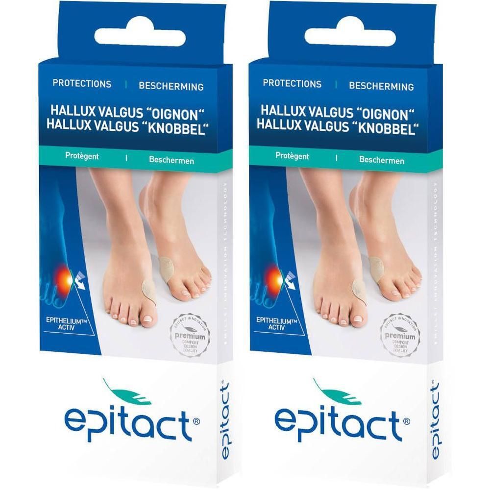 Deux boîtes de protections Hallux Valgus Epitact®. Emballage bleu avec image produit et texte. Logo Epitact en bas.
