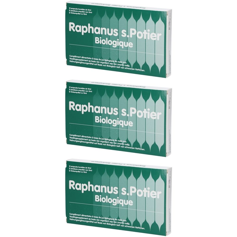 Drie groene dozen met witte tekst. Opschrift: Raphanus s.Potier Biologique. Linksboven: 8 ampullen. Onderaan: Voedingssupplement.
