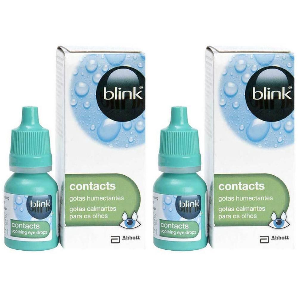 Deux flacons et emballages de Blink Contacts. Les flacons sont turquoise, les emballages blancs avec des gouttes bleues. Inscription : Blink Contacts.
