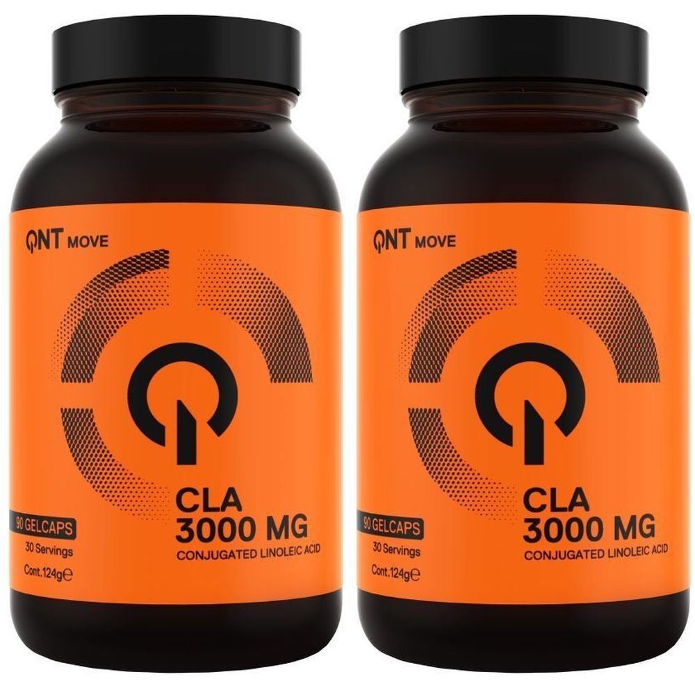 Twee flessen QNT CLA 3000 MG. Bruine flessen met zwarte dop en oranje etiket. Opschrift: CLA 3000 MG, 30 gelcapsules.