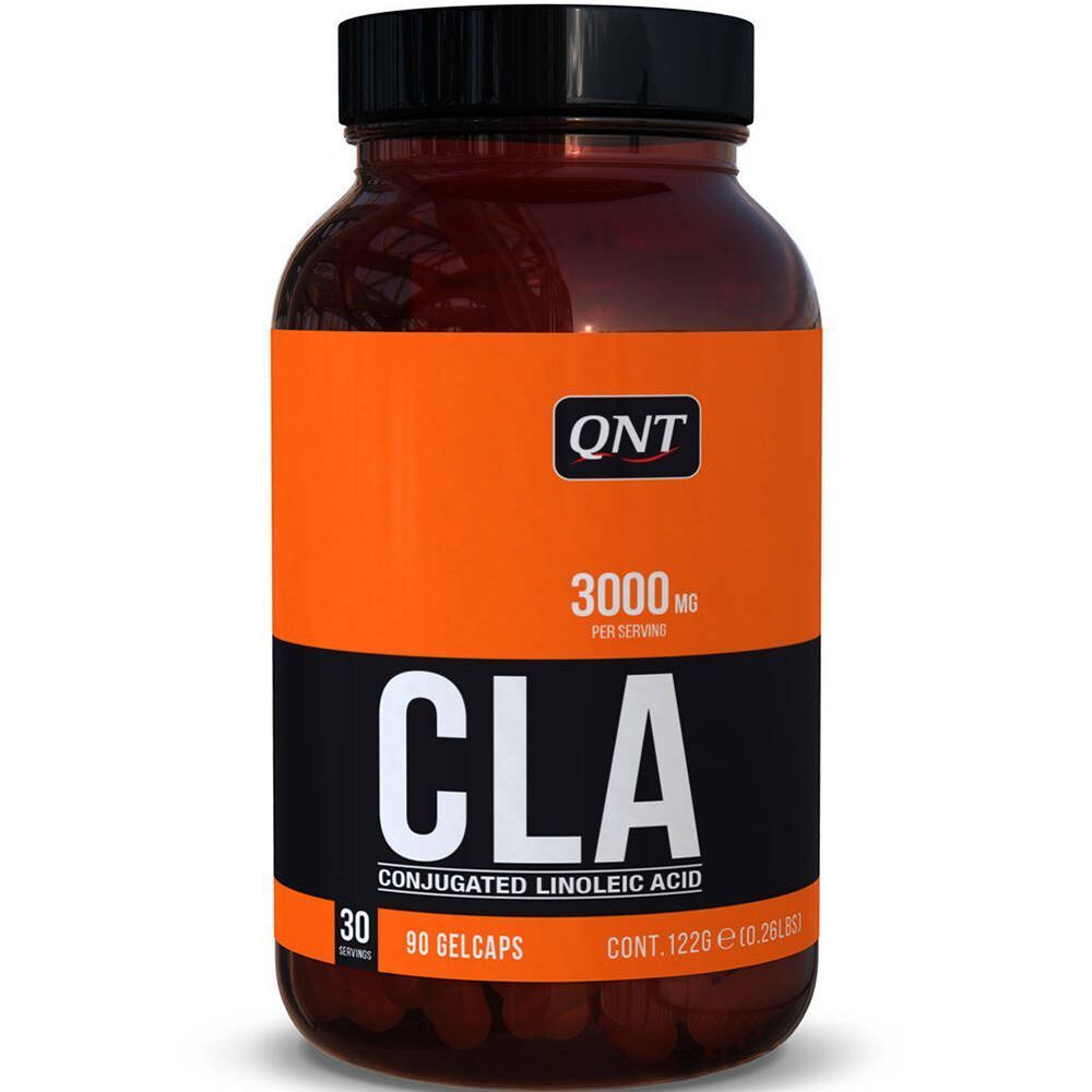 Flacon de QNT CLA 3000 MG. Bouteille marron avec couvercle noir et étiquette orange. Inscription : CLA 3000 MG, 90 gélules.