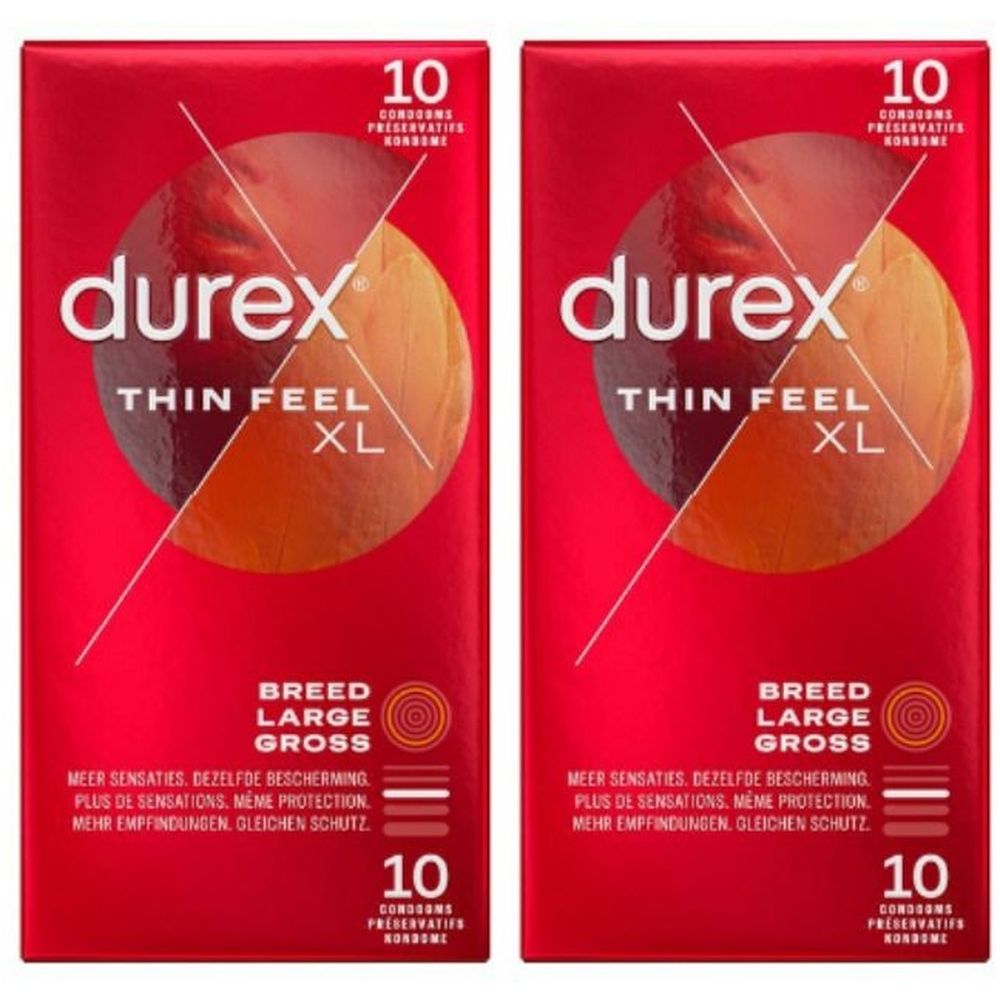 Twee rode Durex-verpakkingen. Opschrift: Thin Feel XL, 10 condooms. Tekst: Meer sensaties, dezelfde bescherming.
