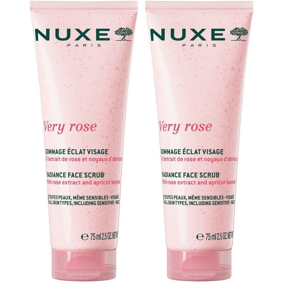 Deux tubes de Nuxe Very Rose Gommage Éclat Visage. Tubes roses avec texte blanc. Inscription: Radiance Face Scrub.