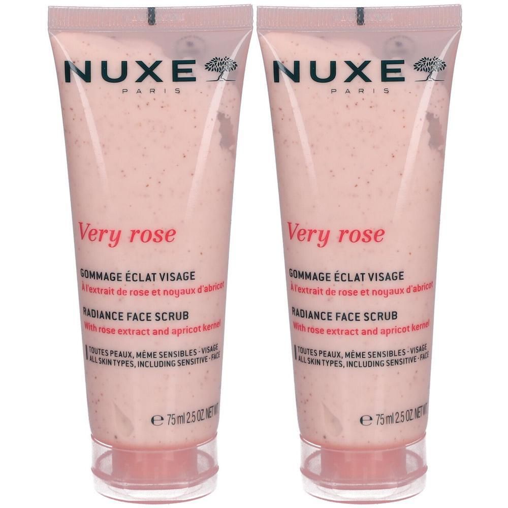 Twee tubes Nuxe Very Rose Gommage Éclat Visage. Roze tubes met tekst en productnaam. 75ml.