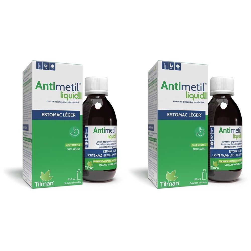 Deux flacons et emballages. Inscription: Antimétil liquid, Estomac léger. Emballage vert et blanc.