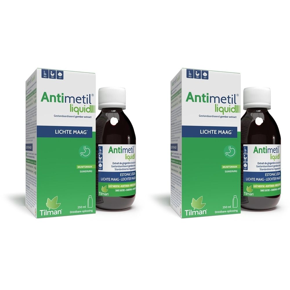 Twee flessen en verpakkingen. Opschrift: Antimétil liquid, Lichte maag. Groene en witte verpakking.