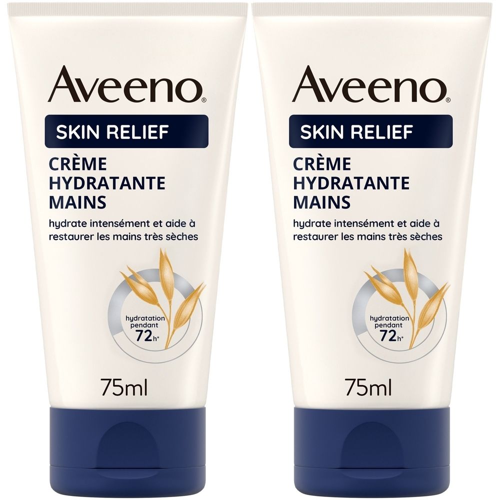 Deux tubes de crème pour les mains Aveeno Skin Relief. Blanc, bouchon bleu. Texte: Skin Relief, Crème Hydratante Mains, Hydratation 72h.