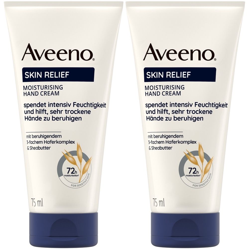Twee tubes Aveeno Skin Relief handcrème. Wit, blauwe dop. Tekst: Skin Relief, Moisturising Hand Cream, 72h hydratatie.