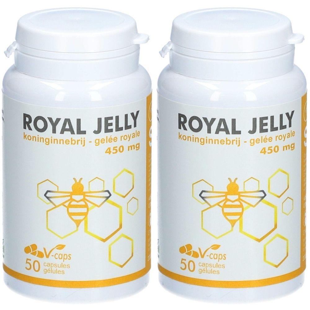 Twee witte flessen met etiketten. Opschrift: ROYAL JELLY, 450 mg. Afbeelding van een bij en honingraten.