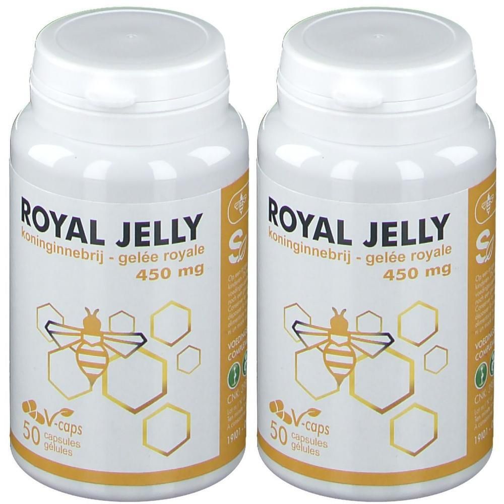 Deux flacons blancs avec étiquettes. Inscription: ROYAL JELLY, 450 mg. Illustration d'une abeille et de nids d'abeilles.