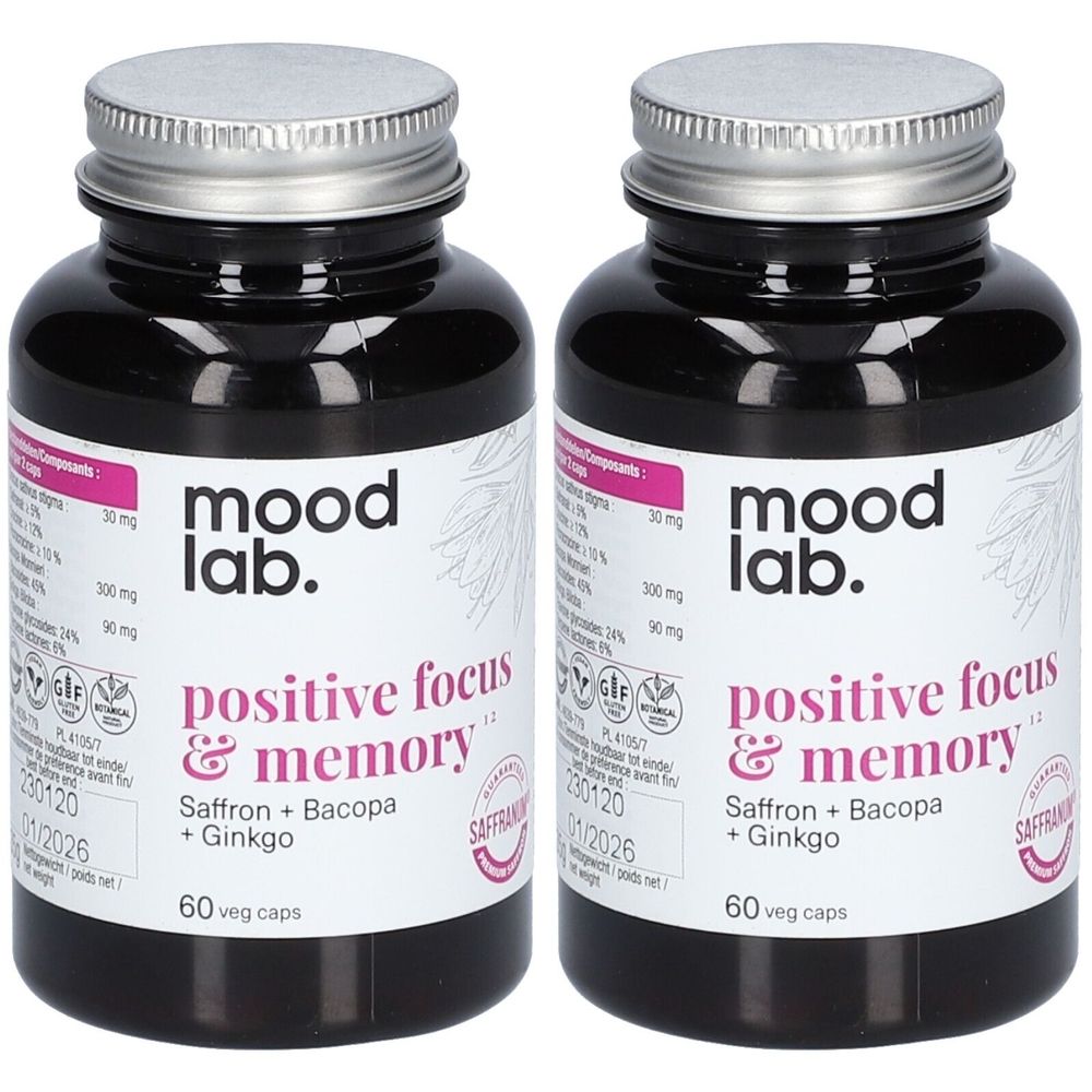 Deux flacons Moodlab Positive Focus & Memory. Flacons noirs, couvercles argentés. Inscription : Saffron + Bacopa + Ginkgo, 60 veg caps.