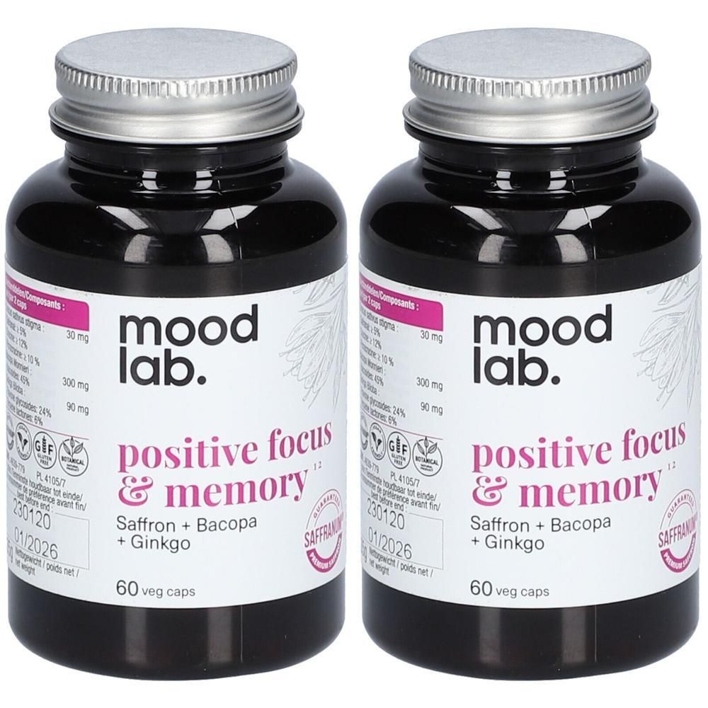 Deux flacons Moodlab Positive Focus & Memory. Flacons noirs, couvercles argentés. Inscription : Saffron + Bacopa + Ginkgo, 60 veg caps.