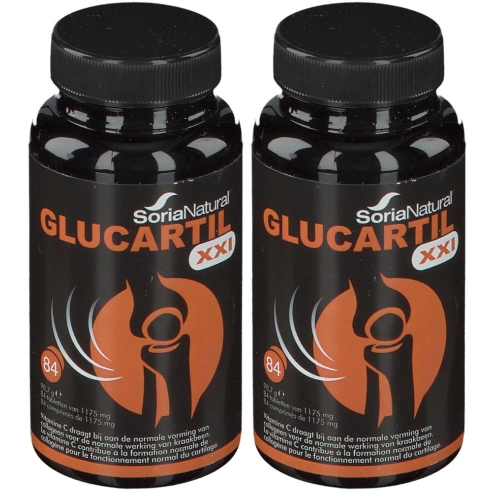 Deux flacons de Soria Natural® Glucartil XXI. Flacons noirs avec bouchons noirs. Étiquette orange avec informations et logo du produit.