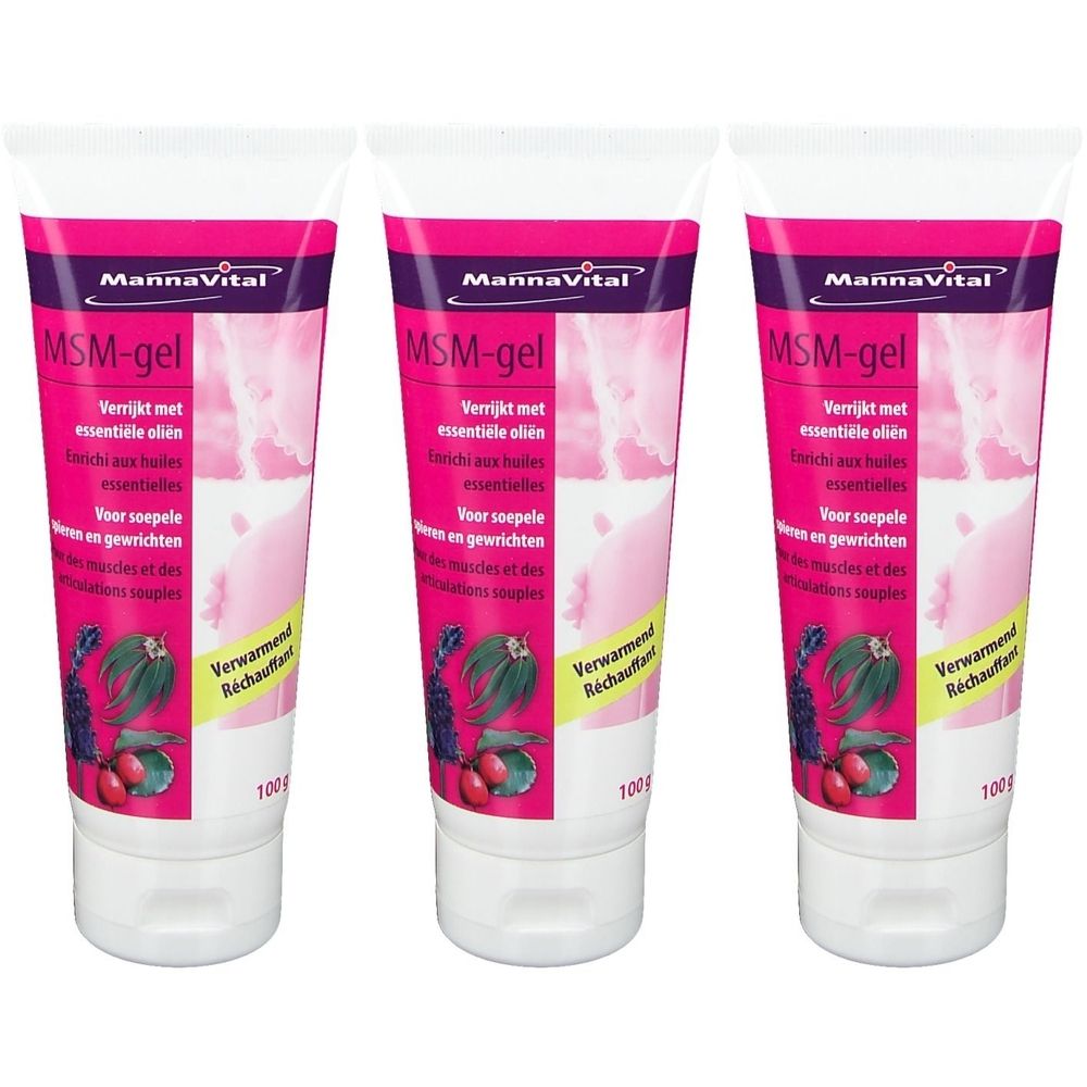 Drie tubes MSM-gel. Witte verpakking met roze etiket. Opschrift: MannaVital, MSM-gel, met essentiële oliën. 100g.