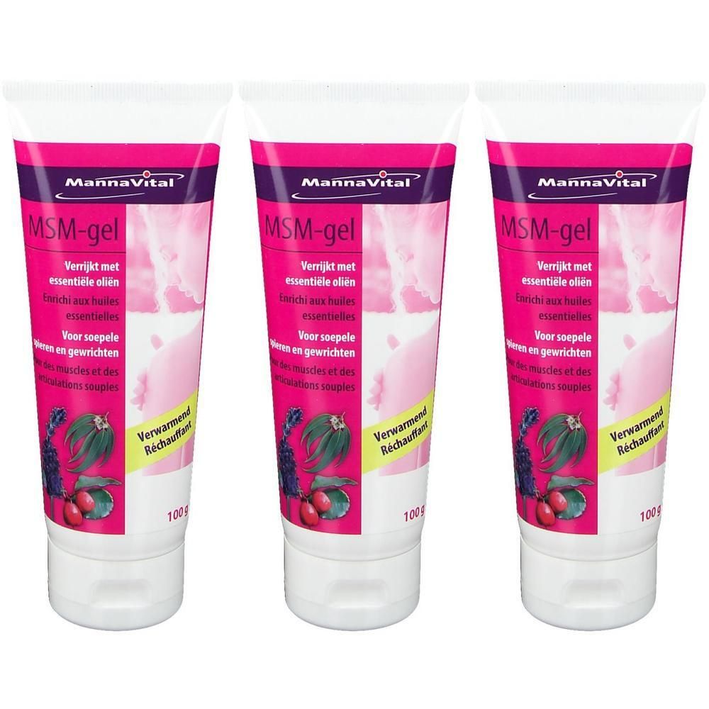 Trois tubes de MannaVital MSM-Gel. Tubes blancs avec étiquette rose. Texte: MSM-gel, Verrijkt met essentiële oliën. 100g.