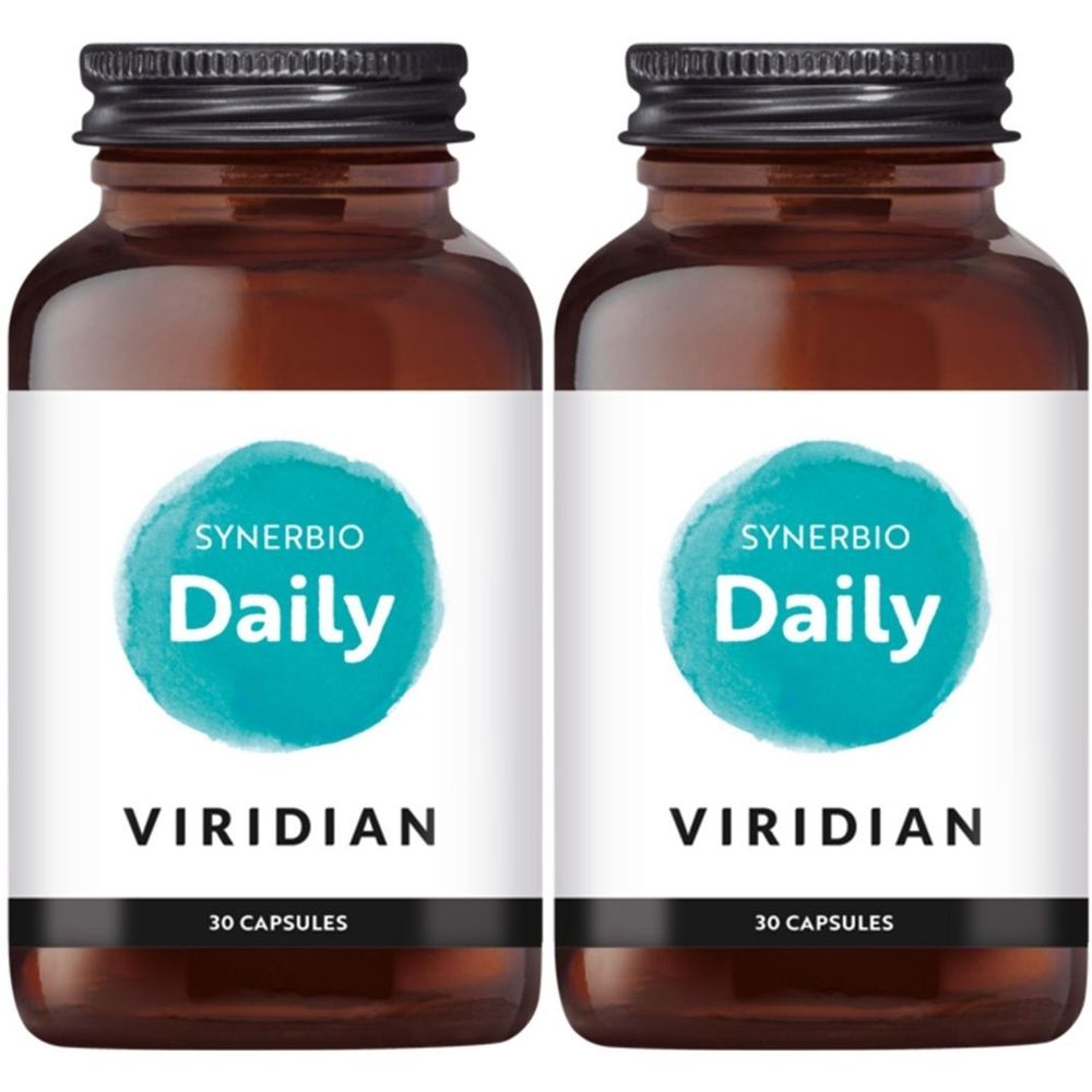 Deux flacons en verre brun avec des couvercles noirs. Les étiquettes indiquent "Synerbio Daily" et "Viridian". Le texte "30 Capsules" est visible.