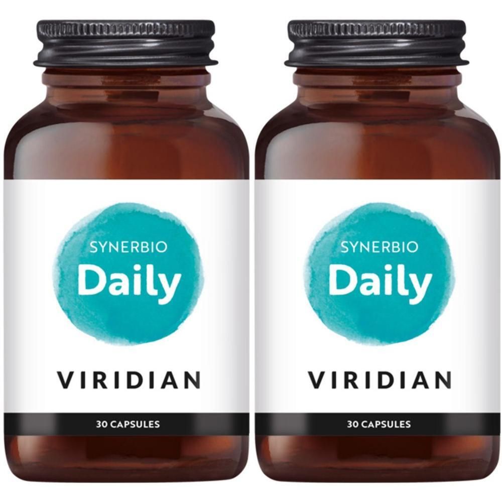 Twee bruine glazen flessen met zwarte doppen. De etiketten tonen "Synerbio Daily" en "Viridian".