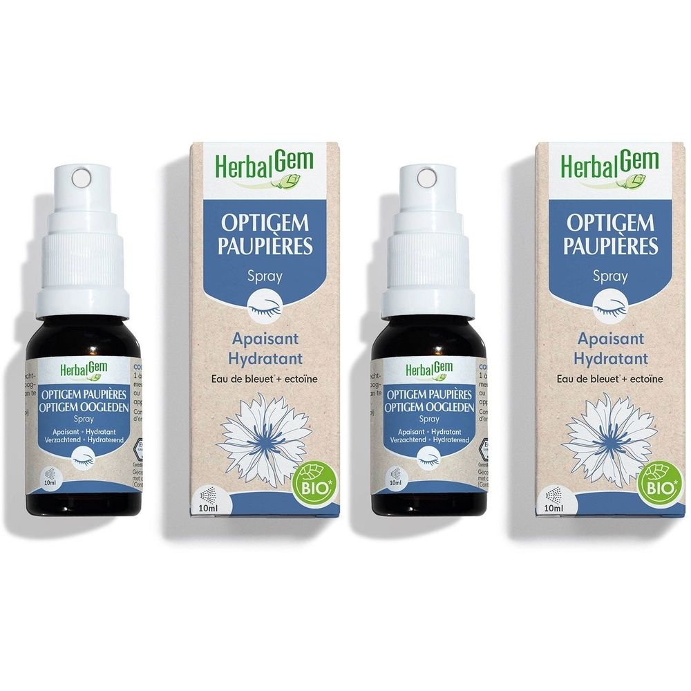Trois flacons Optigem Paupières Spray avec emballage. Inscription: HerbalGem, Spray, Apaisant Hydratant, Eau de bleuet + ectoïne.