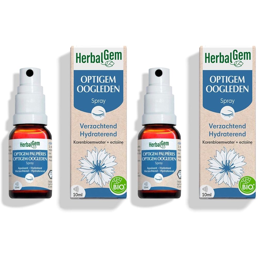 Drie flacons Optigem Oogleden Spray met verpakking. Opschrift: HerbalGem, Spray, Verzachtend Hydraterend, Korenbloemwater + ectoïne.