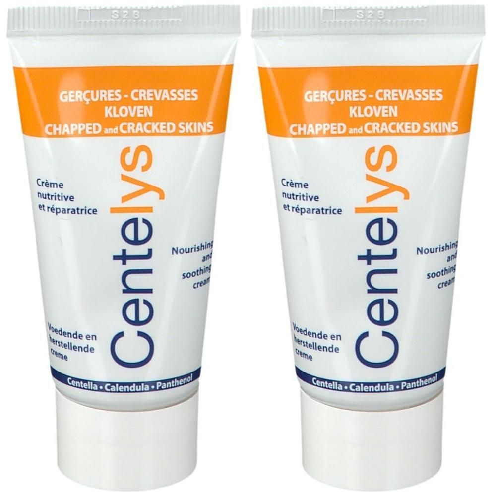Deux tubes de Centelys Crème. Inscription: Gercures-Crevasses, Chapped and Cracked Skins. Tube blanc avec accents orange et bleu.