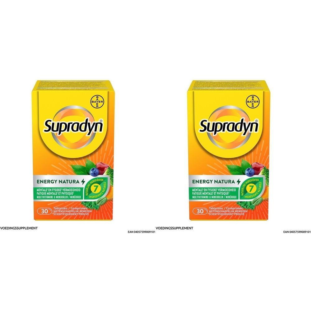 Twee dozen Supradyn Energy Natura. Gele verpakking met logo en productnaam. 30 tabletten.