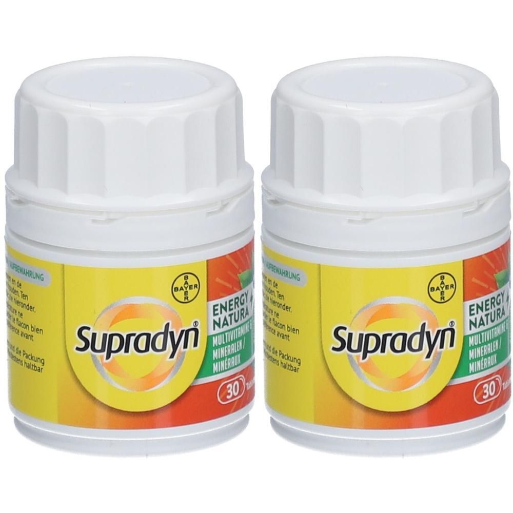 Twee witte flessen met gele etiketten. Opschrift: Supradyn Energy Natura, multivitaminen, mineralen. 30 tabletten.