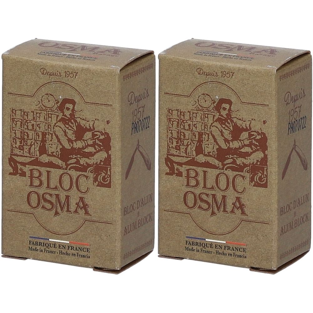 Deux boîtes rectangulaires. Inscription : BLOC OSMA, depuis 1957. Fabriqué en France. Alum Block.