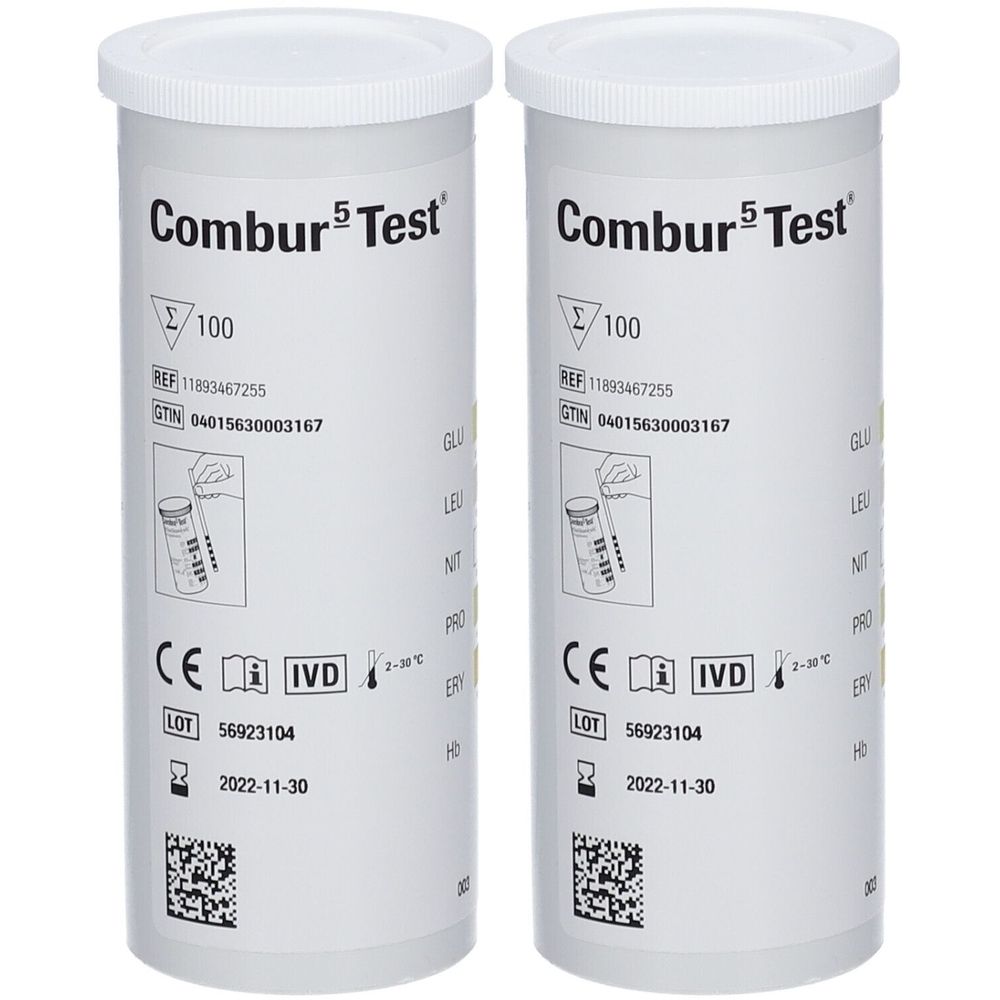 Deux flacons cylindriques blancs avec couvercles. Inscription : Combur 5 Test, marquage CE, symbole IVD, numéro de lot et date d'expiration.