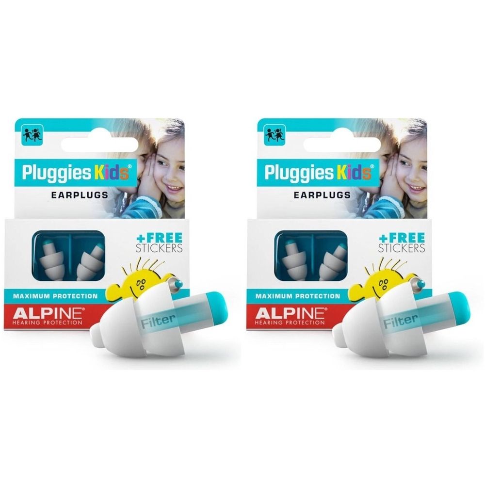 Twee verpakkingen Alpine Pluggies Kids oordopjes. Witte verpakking met productafbeelding en tekst. Bevat oordopjes en filter.
