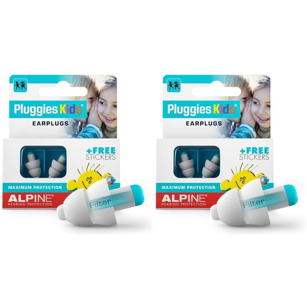 Twee verpakkingen Alpine Pluggies Kids oordopjes. Witte oordopjes met blauwe filter en opbergdoos. Verpakking met tekst en afbeeldingen.