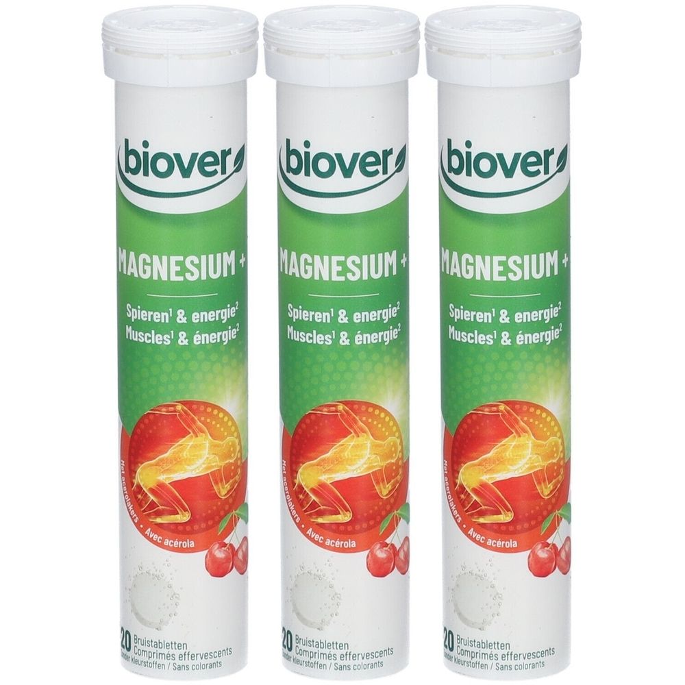 Drie cilindrische tubes. Opschrift: Biover Magnesium+. Afbeelding van een kers met een menselijke figuur.