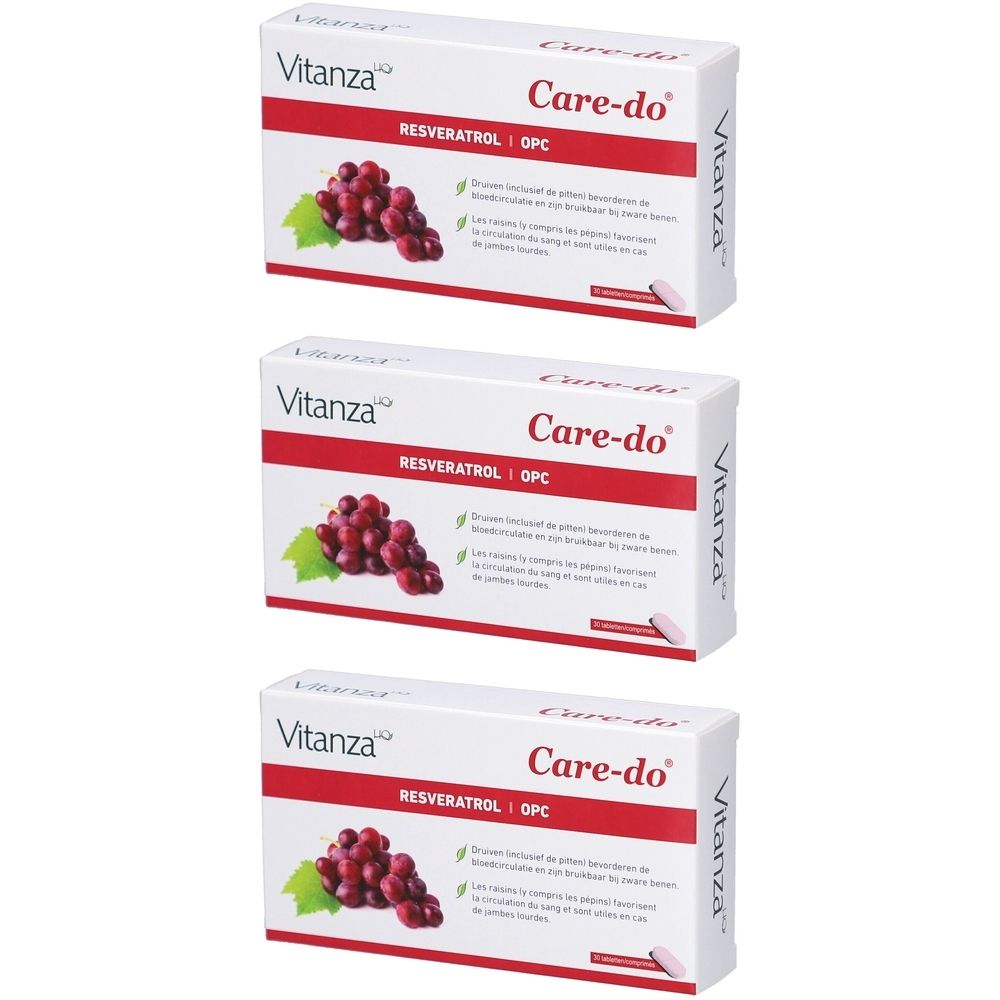 Trois boîtes blanches avec texte rouge. Inscription : Vitanza Care-do, Resveratrol OPC. Illustration de raisins.