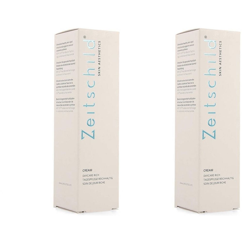 Deux boîtes rectangulaires. Inscription : Zeitschild Skin Aesthetics, Crème, Soin de Jour Riche Peau Sèche. Fond blanc cassé.
