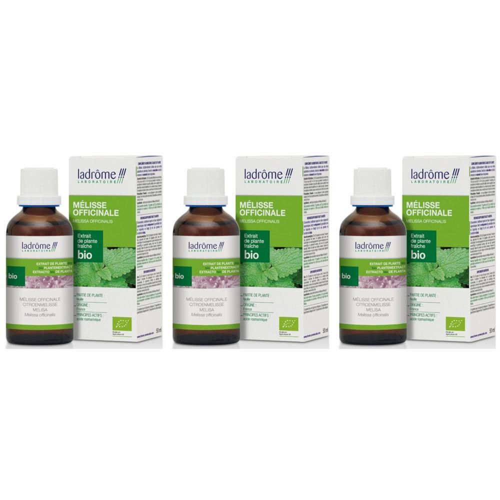 Trois flacons Ladrôme Extrait de plante fraîche Mélisse officinale avec emballage. Flacons en verre brun, bouchons blancs, étiquettes vertes.