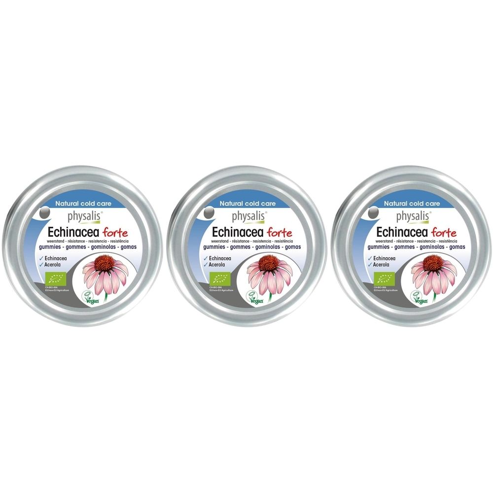 Trois boîtes rondes. Sur chacune, "physalis Echinacea forte". Image d'une fleur. Label végan.