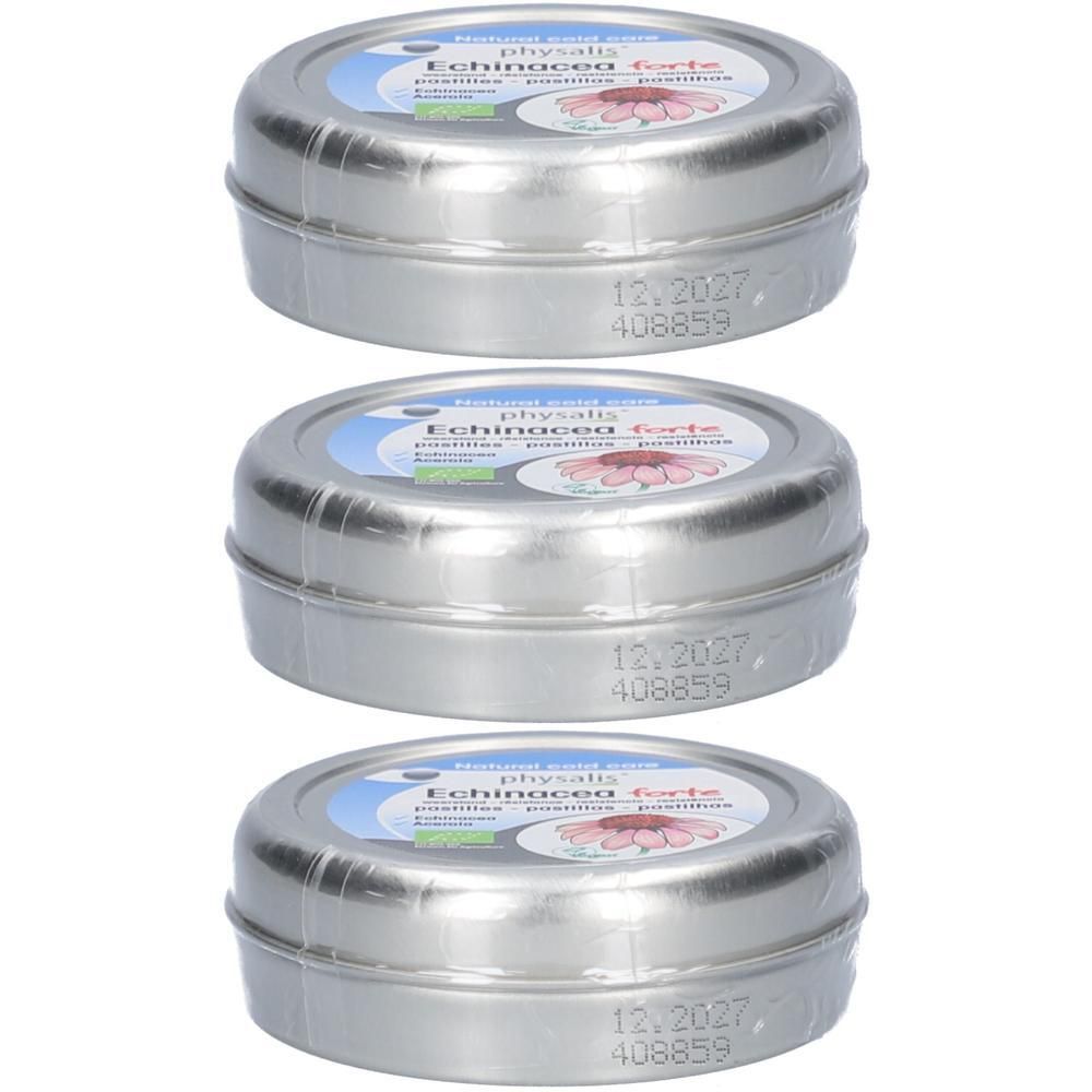 Drie ronde metalen blikken met Echinacea Forte opdruk.