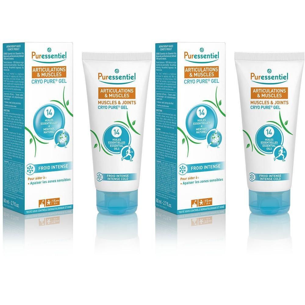 Trois tubes et deux boîtes de Cryo Pure Gel. Inscriptions blanches, bleues et oranges. Marque : Puressentiel. Pour articulations et muscles.
