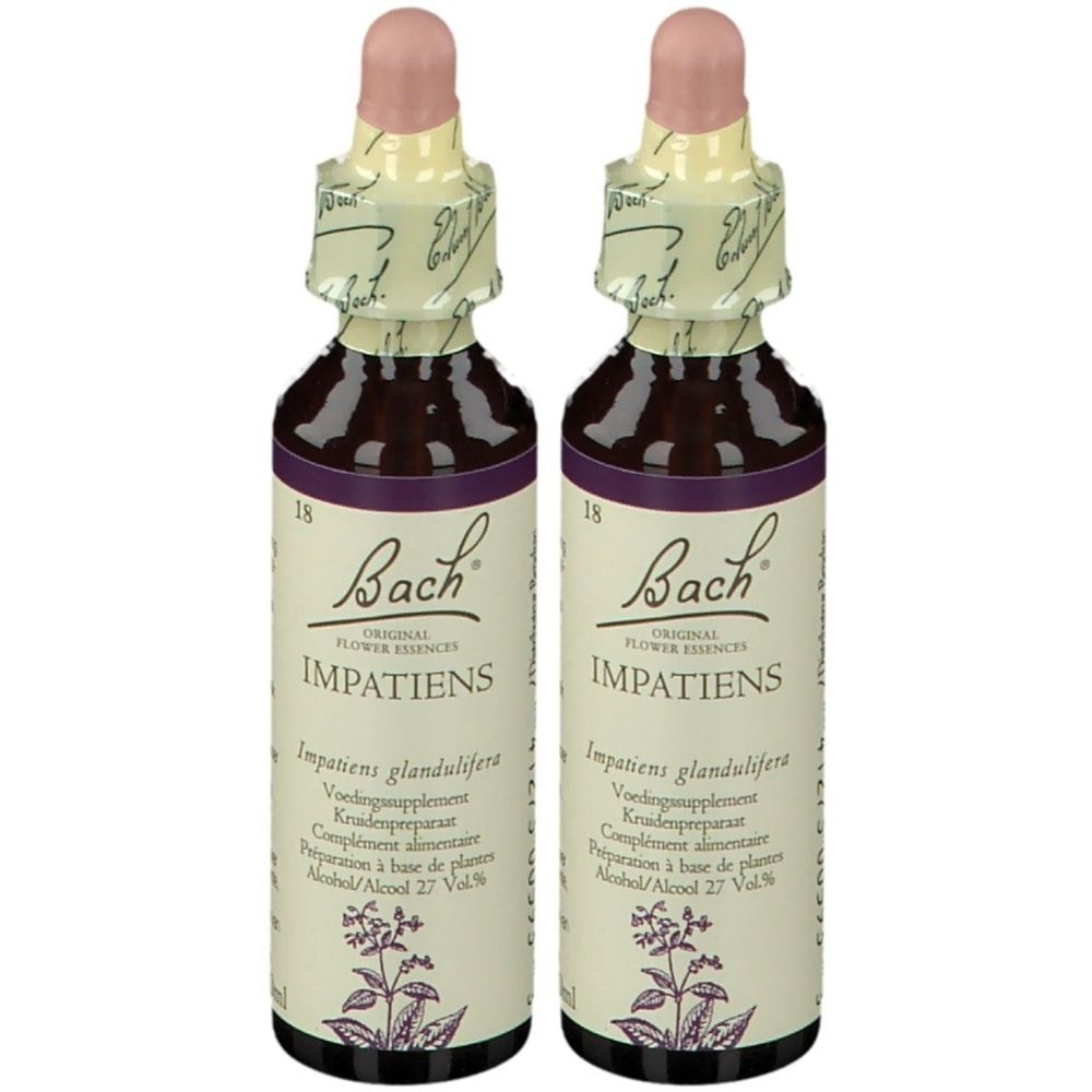 Deux flacons de liquide brun avec compte-gouttes rose et étiquette "Bach Impatiens".